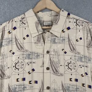 Bohio Shirt Mens XL Cream 100% Silk Nautical Sailboat Compass Print Button Camp